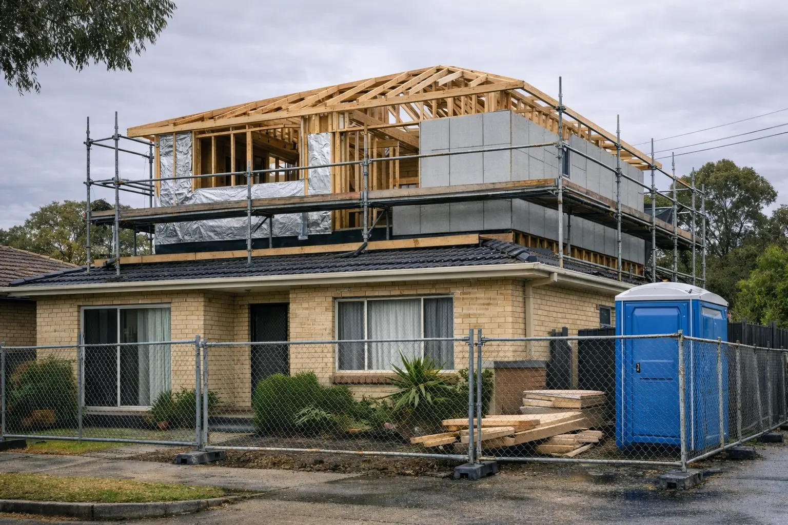Second storey timber frame addition under construction on an existing single-storey brick home