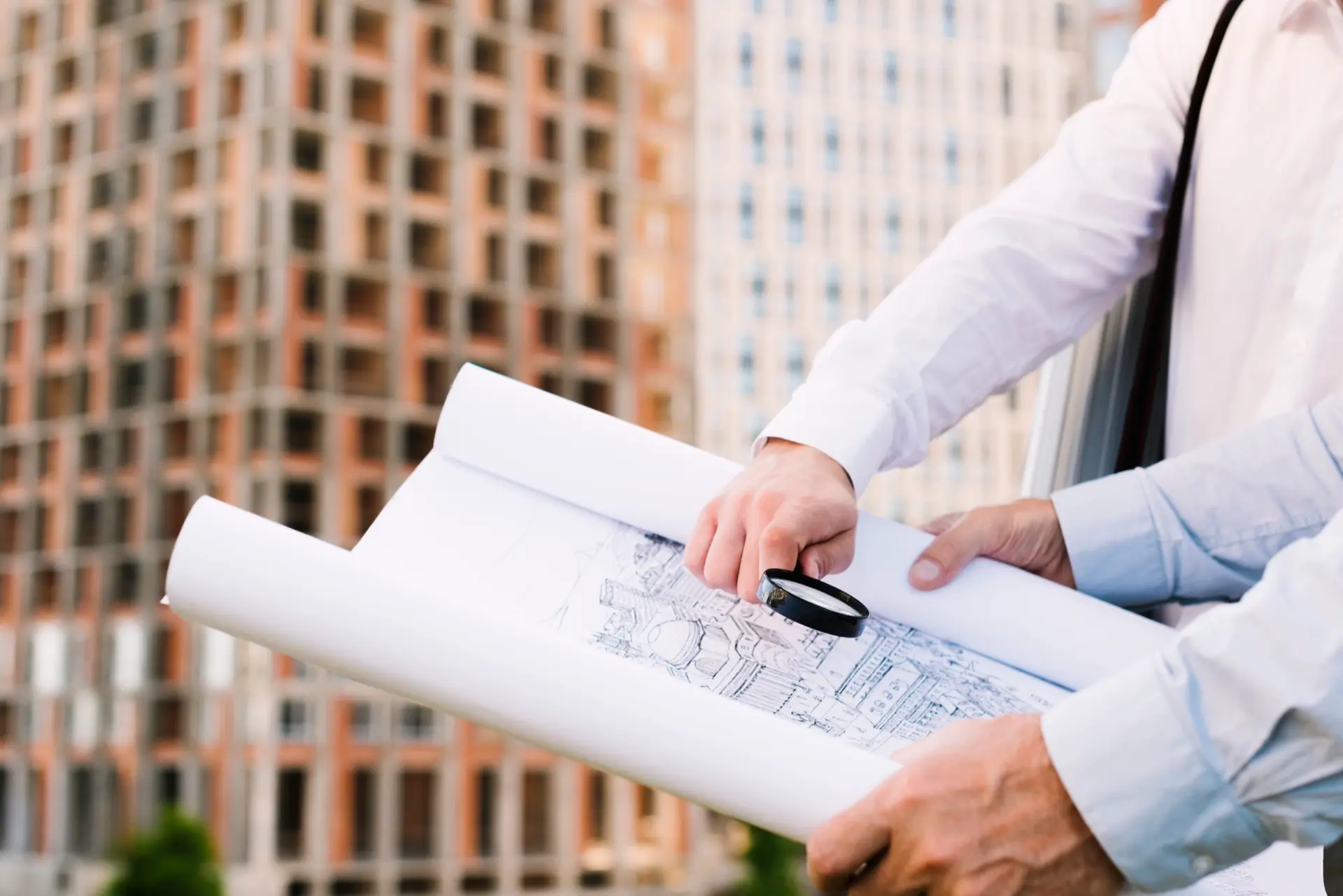 Engineer examining rolled structural drawings with a magnifying glass in front of a multi-storey commercial building