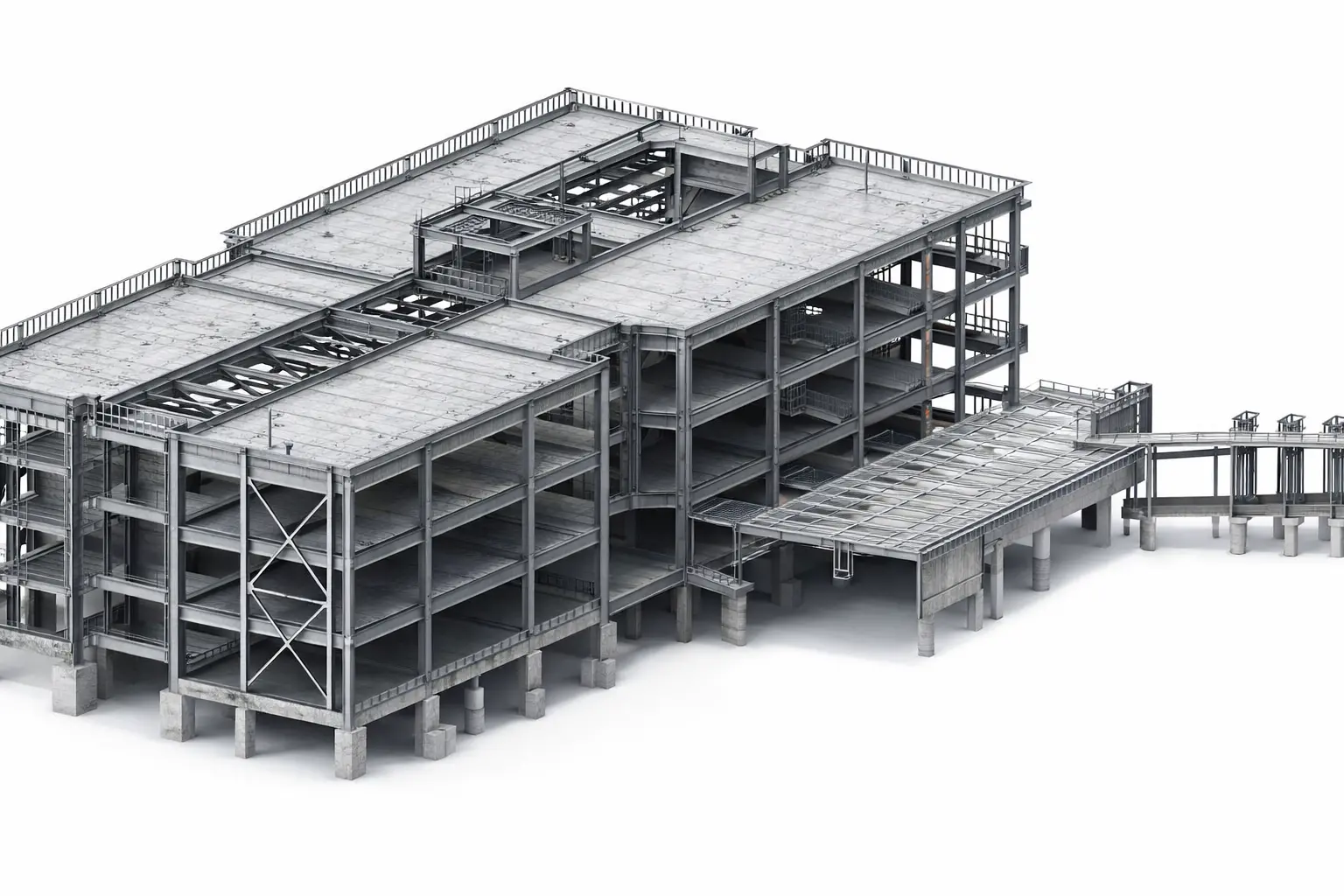 3D structural steel frame model of a multi-storey building