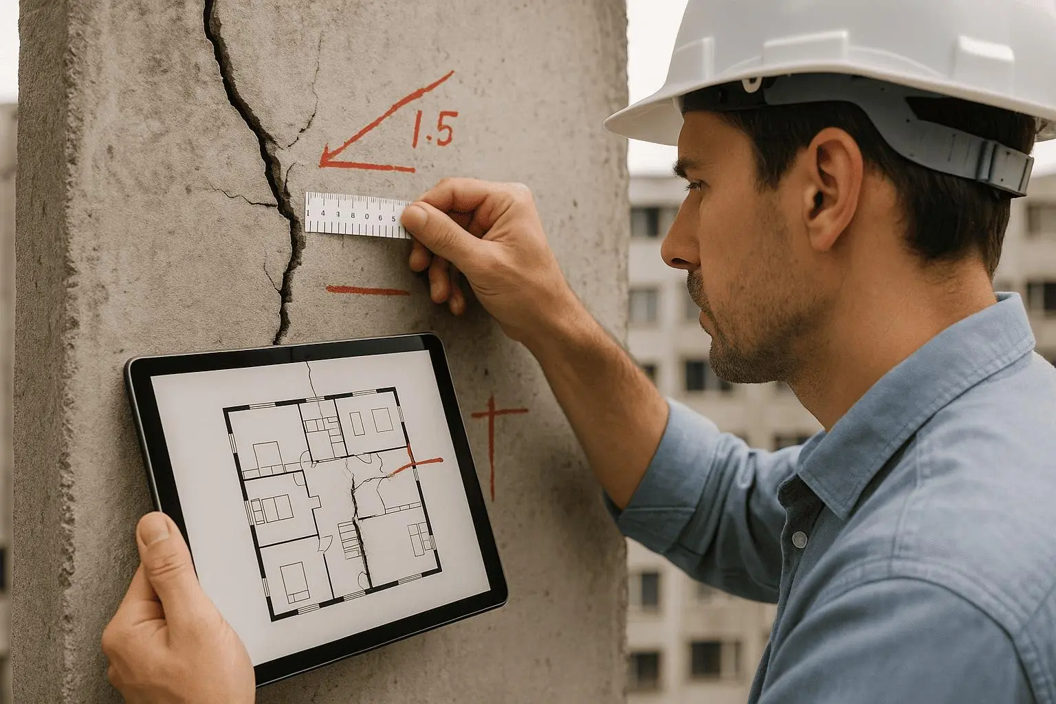 Engineer measuring a crack in a concrete column against a tablet showing the marked-up floor plan