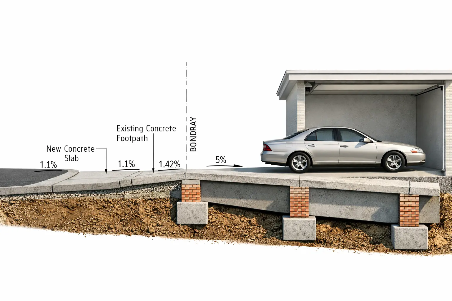 Cutaway section of an engineered driveway showing the new concrete slab, footpath crossing gradients, and garage slab on footings
