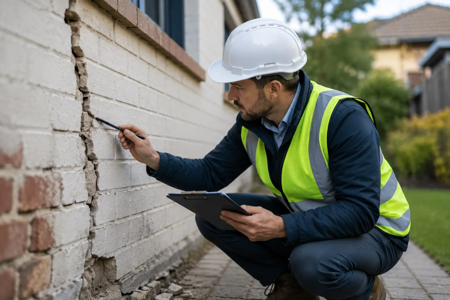 Engineer in a hard hat and hi-vis vest examining a large structural crack in a brick house wall