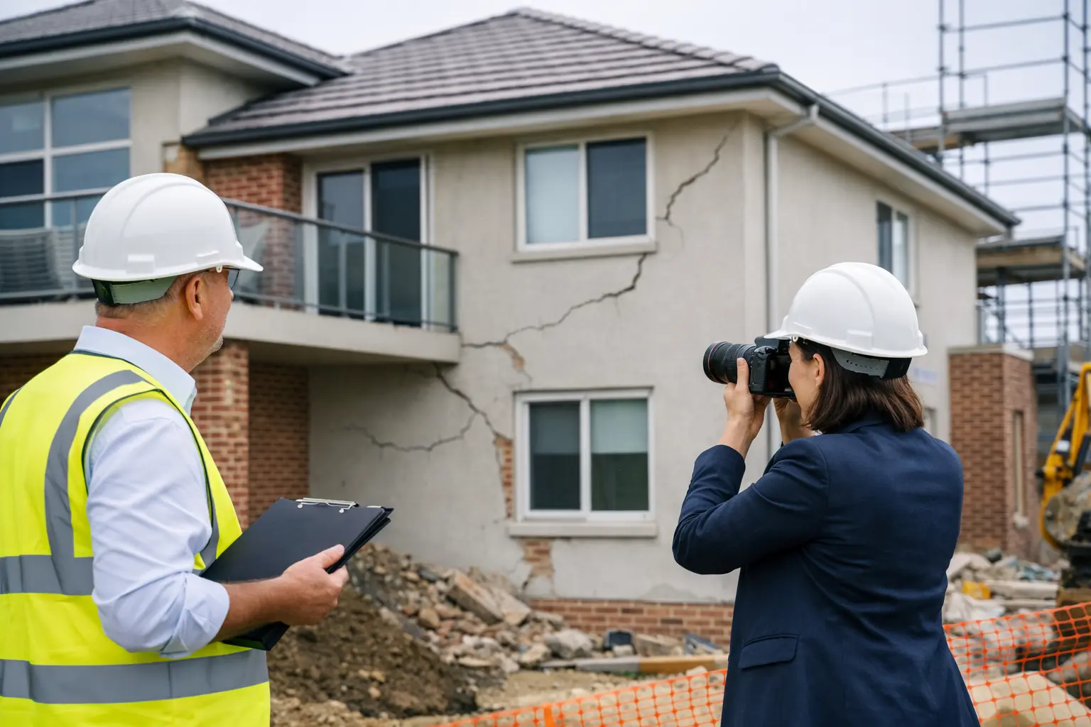 Engineers inspecting and photographing cracking on a building facade