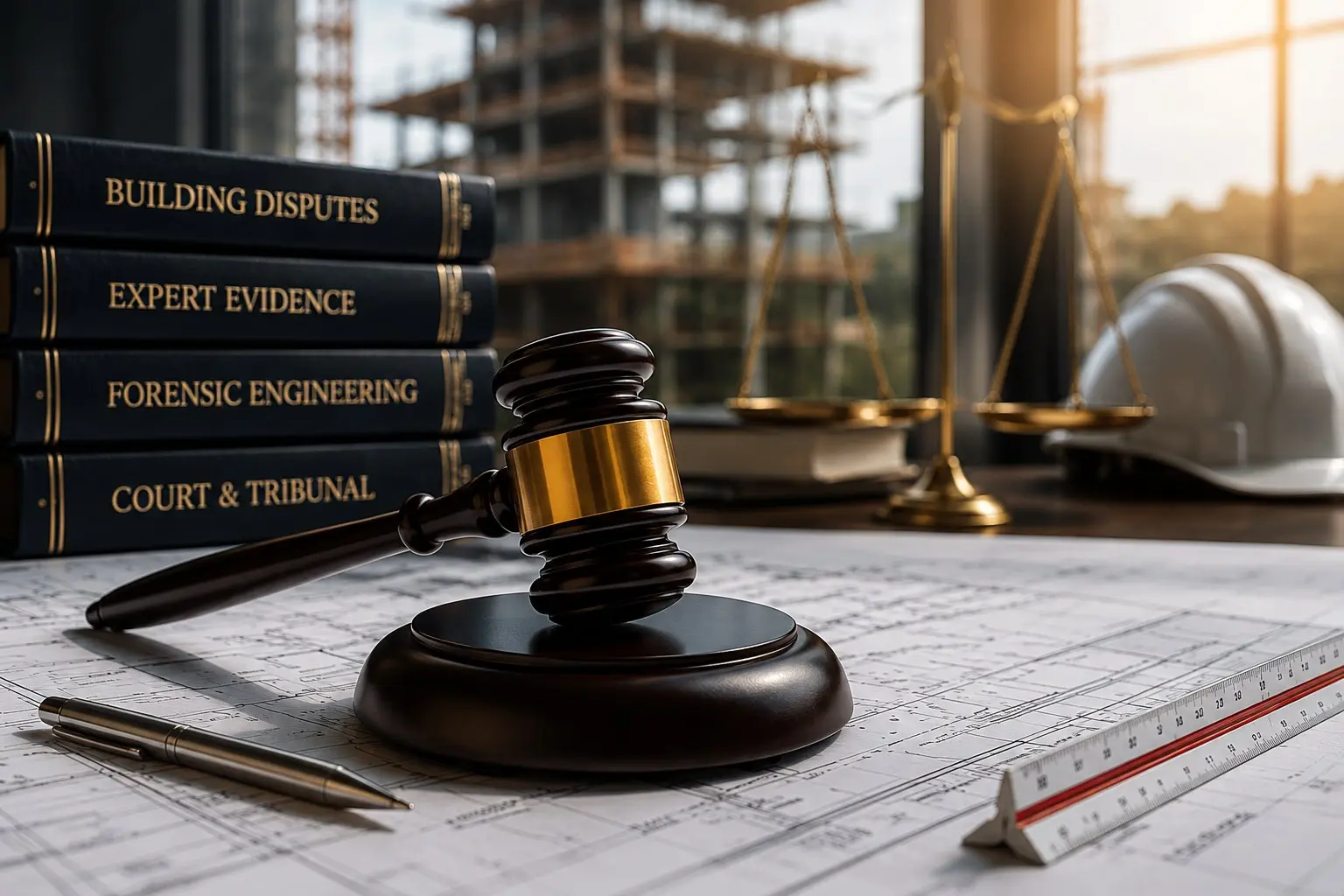 Gavel and law books on structural plans beside scales of justice and a hard hat, representing expert engineering evidence in building disputes
