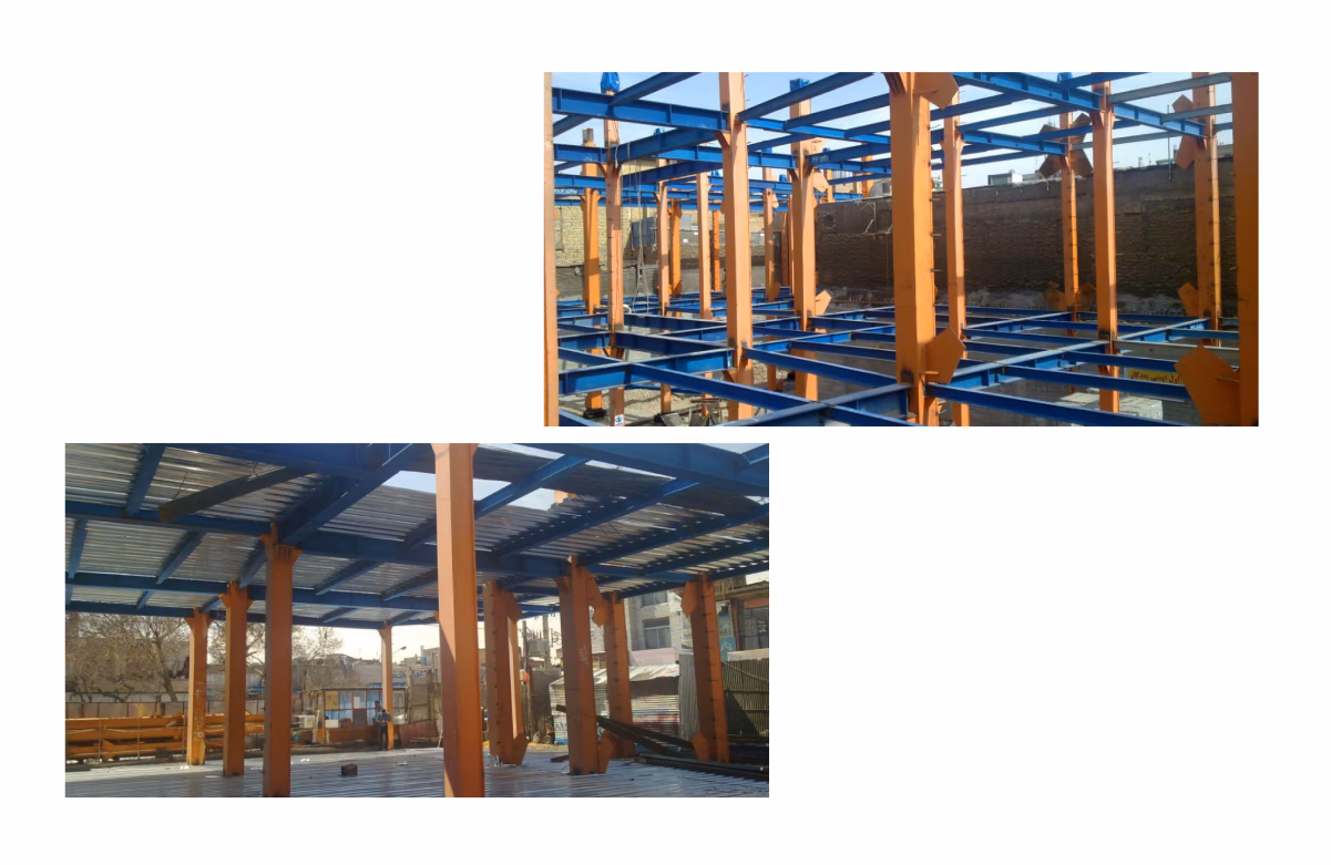 Structural steel frame with blue beams and orange columns