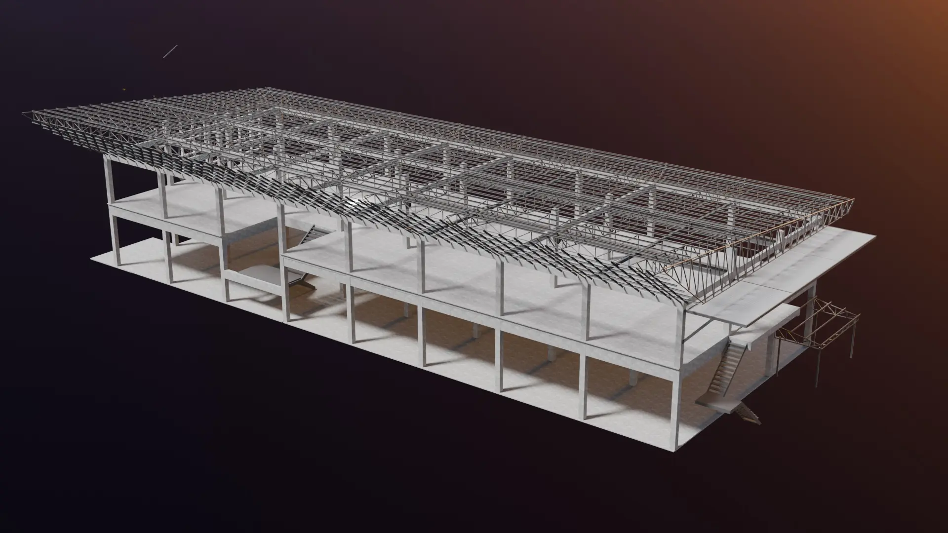 3D structural model of a multi-bay industrial building with steel roof trusses spanning a concrete frame