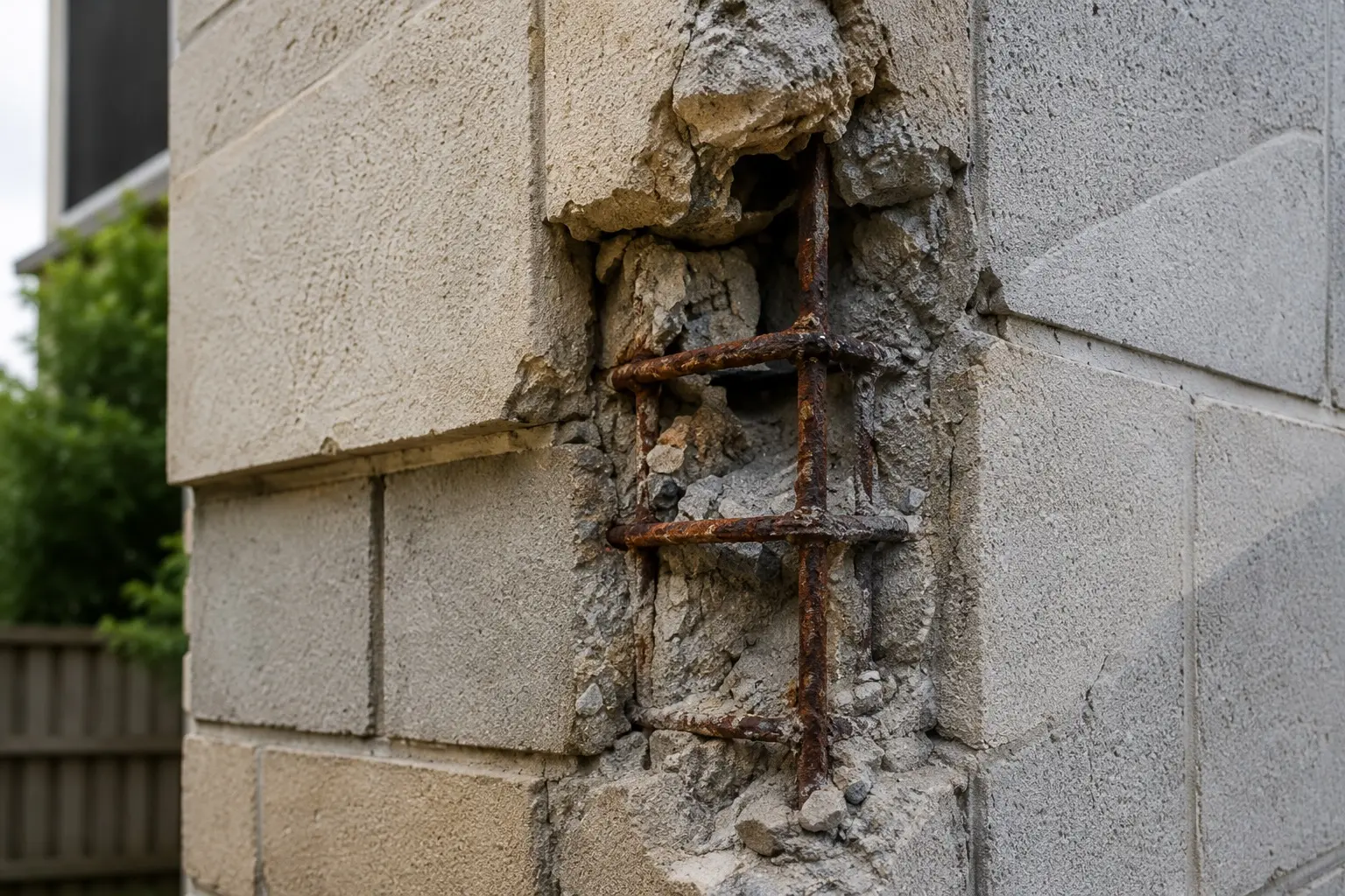 Spalled concrete exposing corroded reinforcement at the corner of a masonry wall