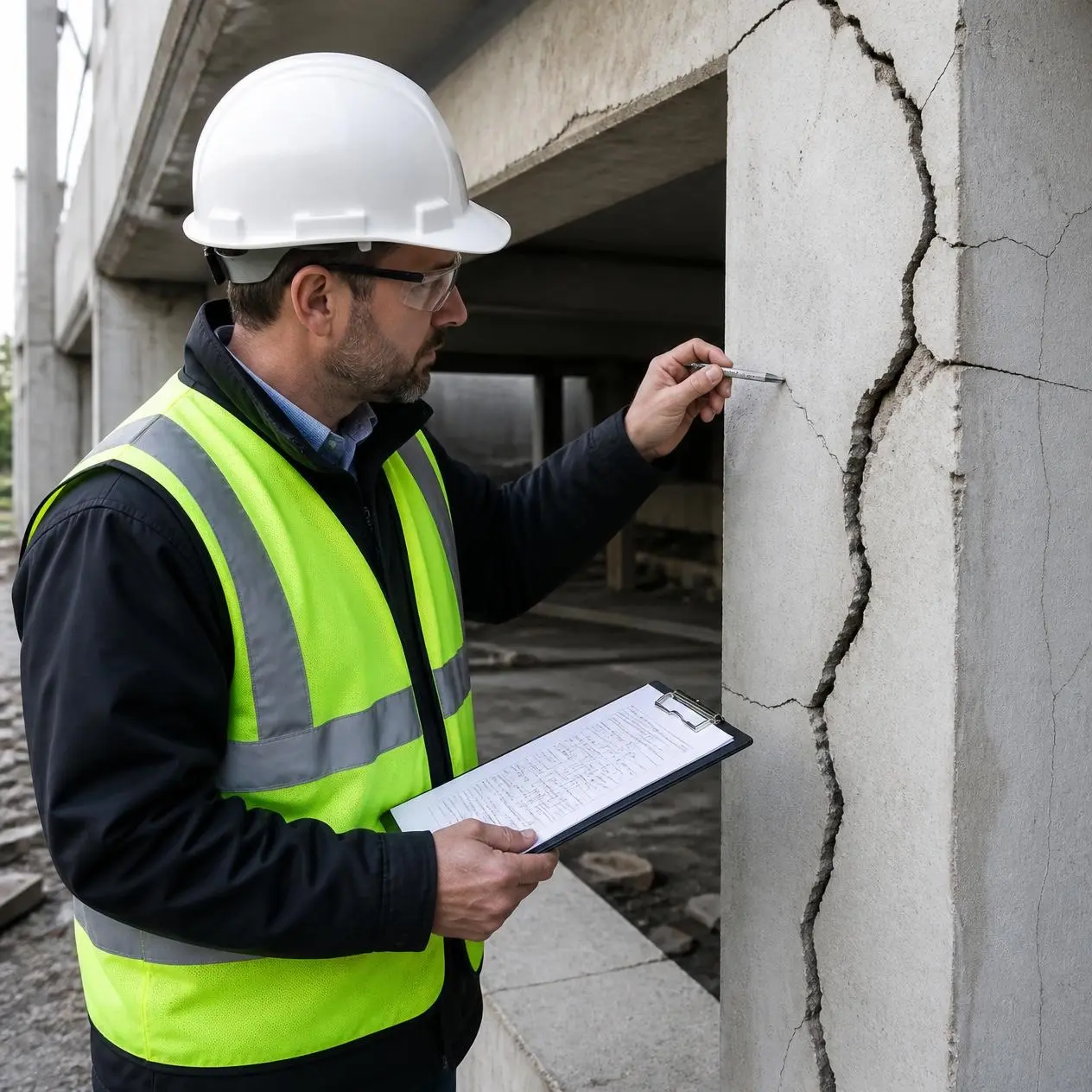 Engineer examining a cracked concrete column to investigate the cause of structural damage