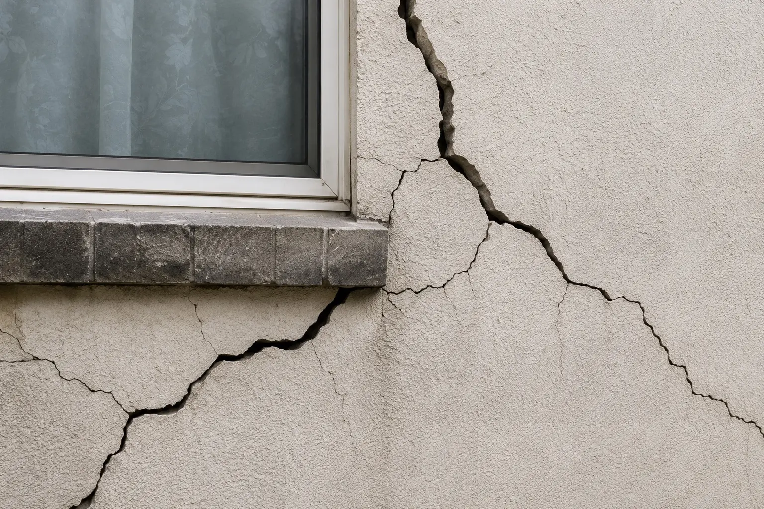 Diagonal cracking running from a window corner through a rendered masonry wall