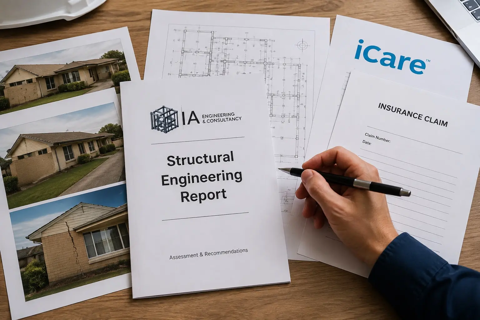IA Engineering structural engineering report beside an iCare insurance claim form and site photographs