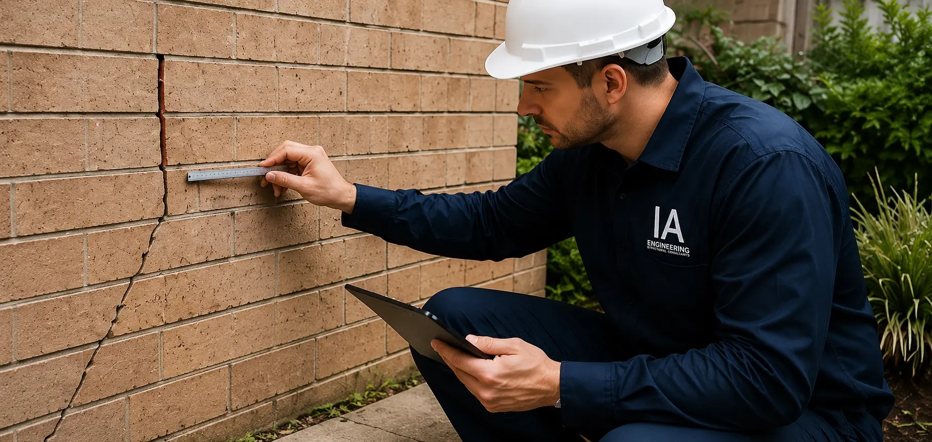 IA Engineering structural engineer recording crack damage to a brick wall on a clipboard