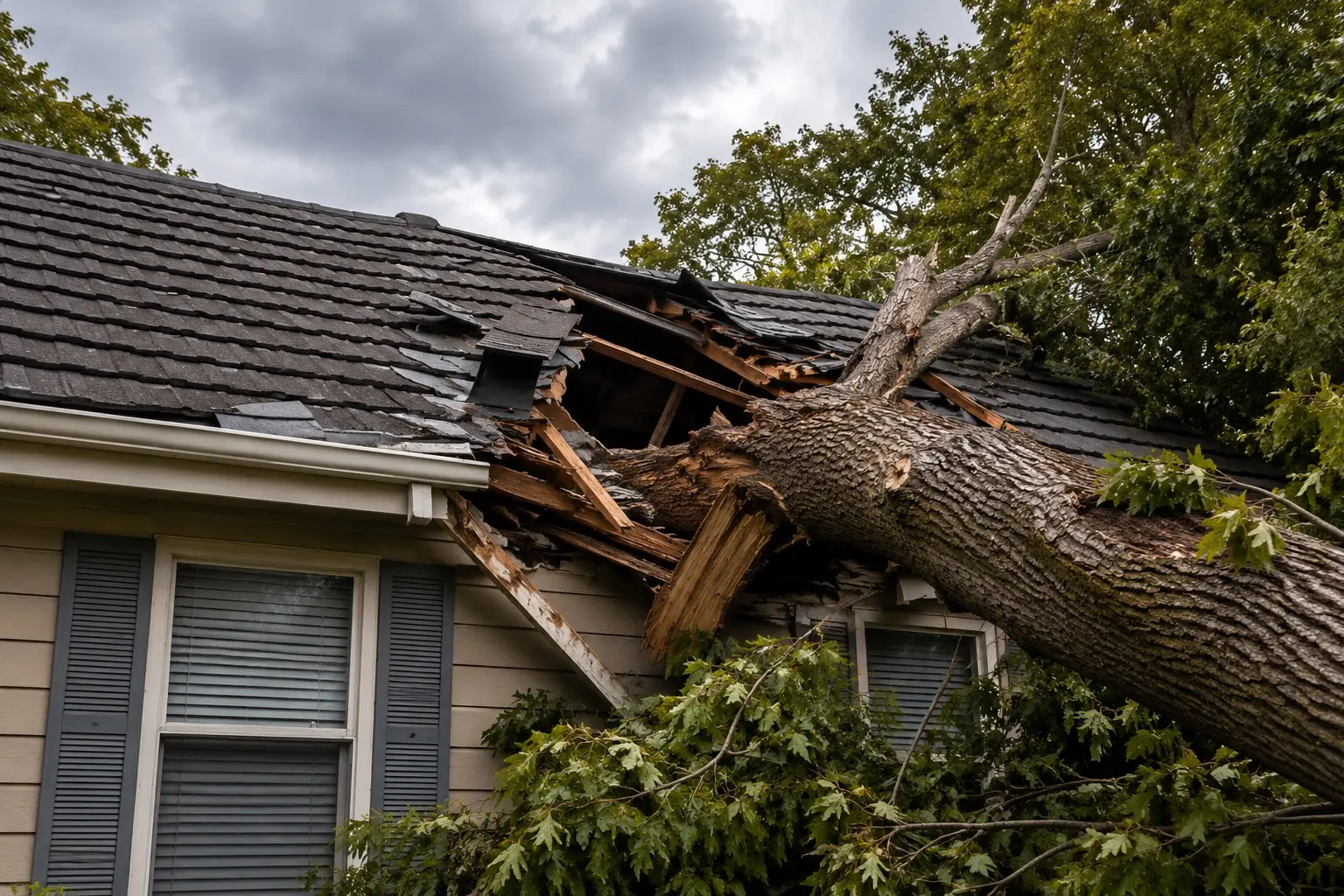 Fallen tree resting through the broken roof structure of a house after a storm