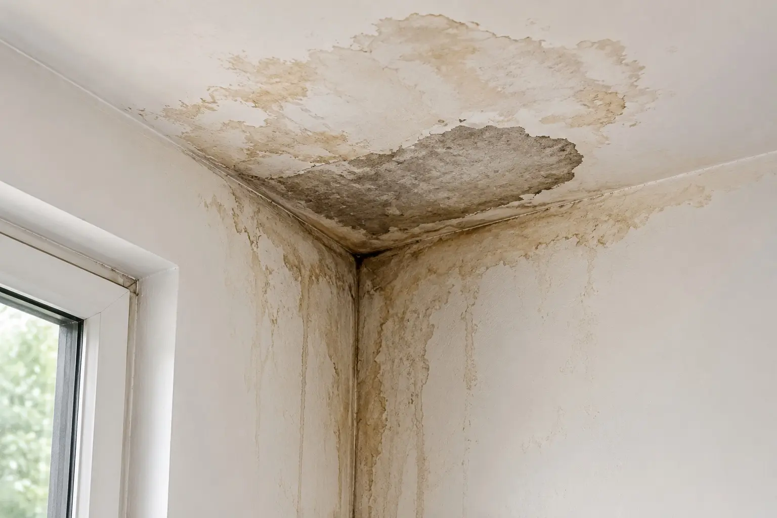 Water staining and moisture damage spreading across a ceiling and wall corner