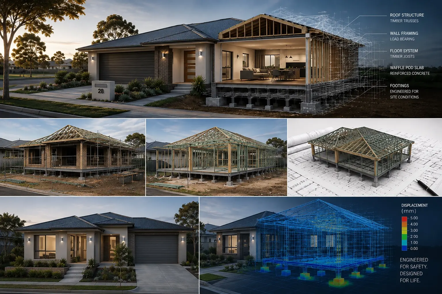 New home shown as built alongside its engineering: timber roof trusses, load-bearing wall framing, timber floor joists, waffle pod slab, engineered footings, and a displacement analysis of the completed frame