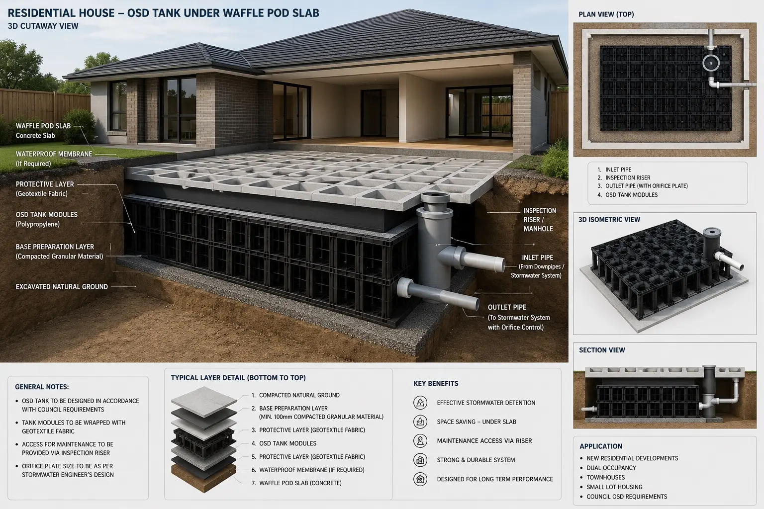 Cutaway diagram of an on-site detention tank installed beneath a waffle pod slab, labelled through the base preparation, geotextile, tank modules, membrane, and slab, with plan, isometric, and section views alongside