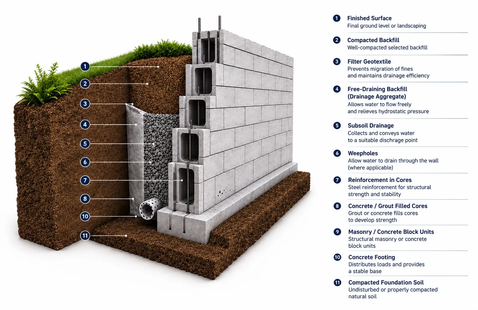 Cutaway cross-section of a reinforced block retaining wall labelling compacted backfill, filter geotextile, drainage aggregate, subsoil drainage, weepholes, reinforced grout-filled cores, and concrete footing