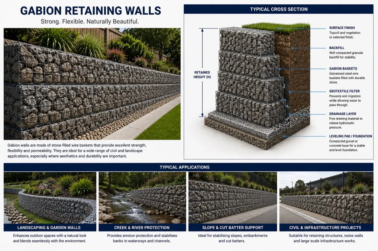 Gabion retaining wall diagram showing stone-filled steel baskets, geotextile filter, drainage layer, and levelling pad, with typical applications from landscaping to creek protection