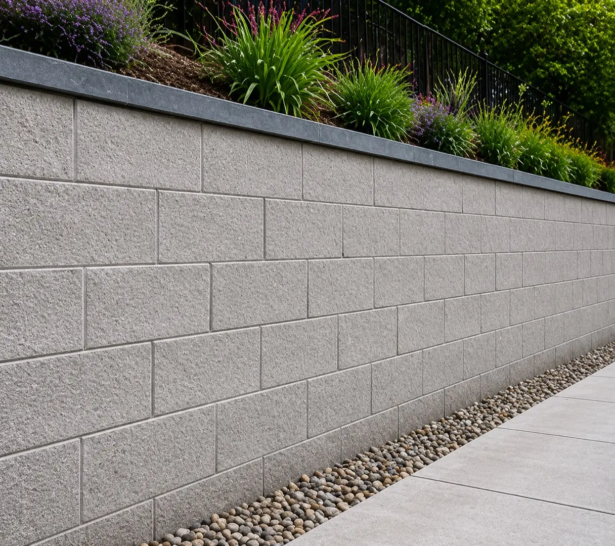 Reinforced concrete block retaining wall with capping and pebble drainage strip beside a driveway