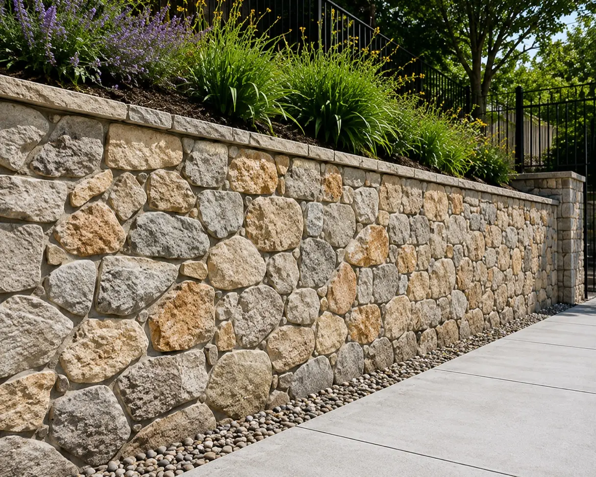 Mortared natural stone retaining wall with capping stones beside a paved path