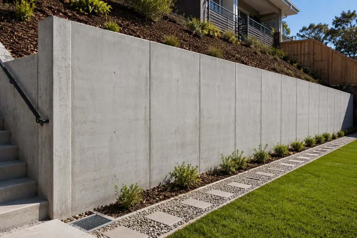 Off-form reinforced concrete retaining wall with subsoil drainage on a sloping residential site