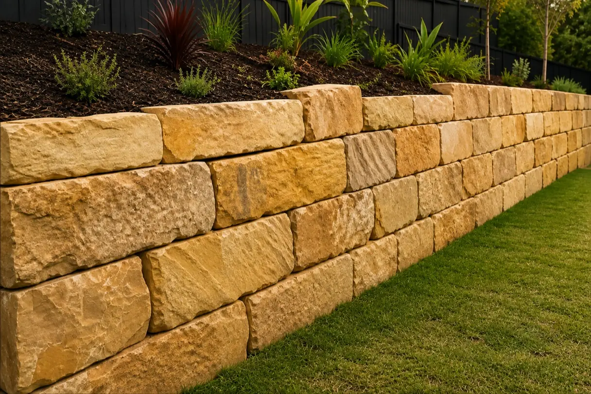 Sandstone block retaining wall retaining a planted garden bed above a lawn