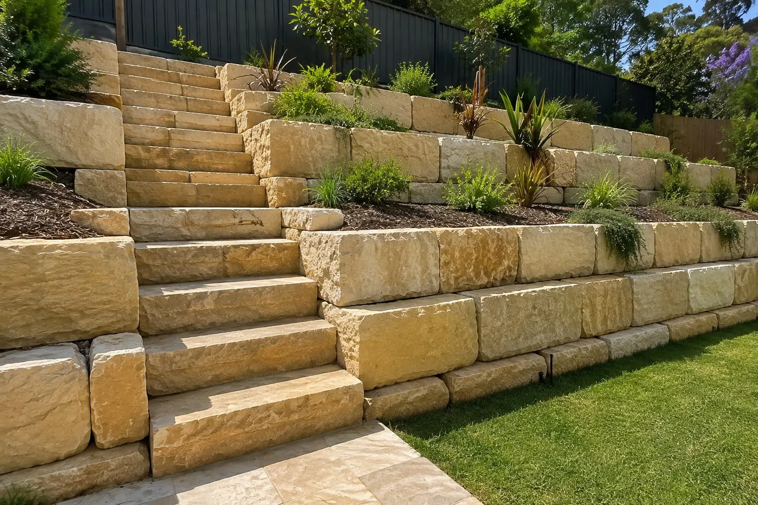 Terraced sandstone block retaining walls with integrated stairs and planted garden beds on a sloping backyard