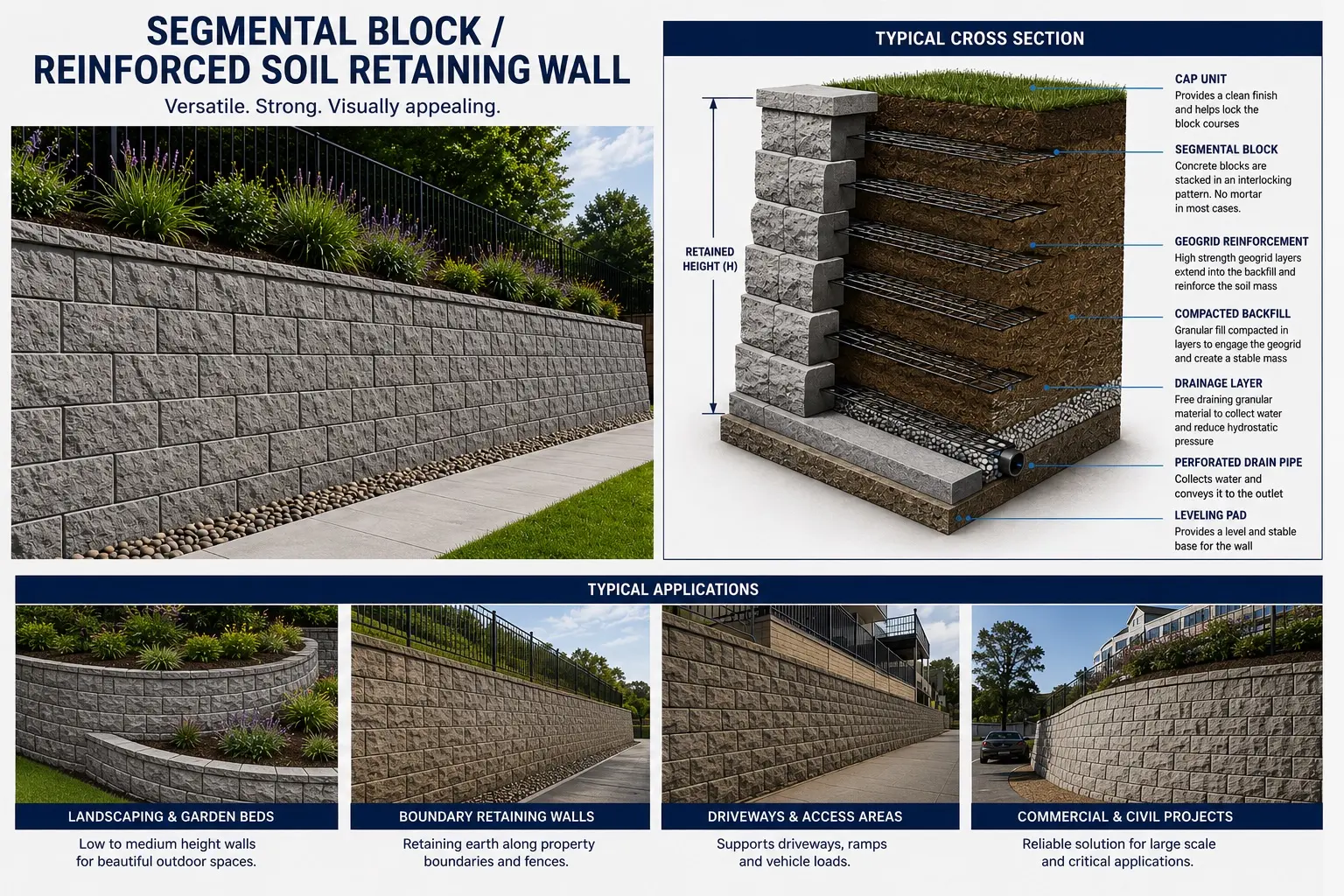 Segmental block and reinforced soil retaining wall diagram showing cap unit, geogrid reinforcement, compacted backfill, drainage layer, perforated drain pipe, and levelling pad, with typical applications
