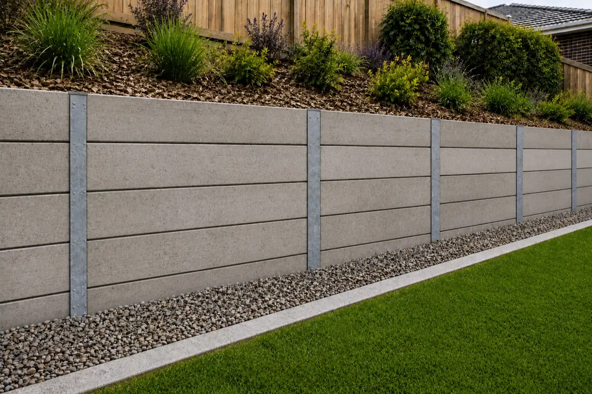 Steel post retaining wall with precast concrete sleepers along a landscaped garden