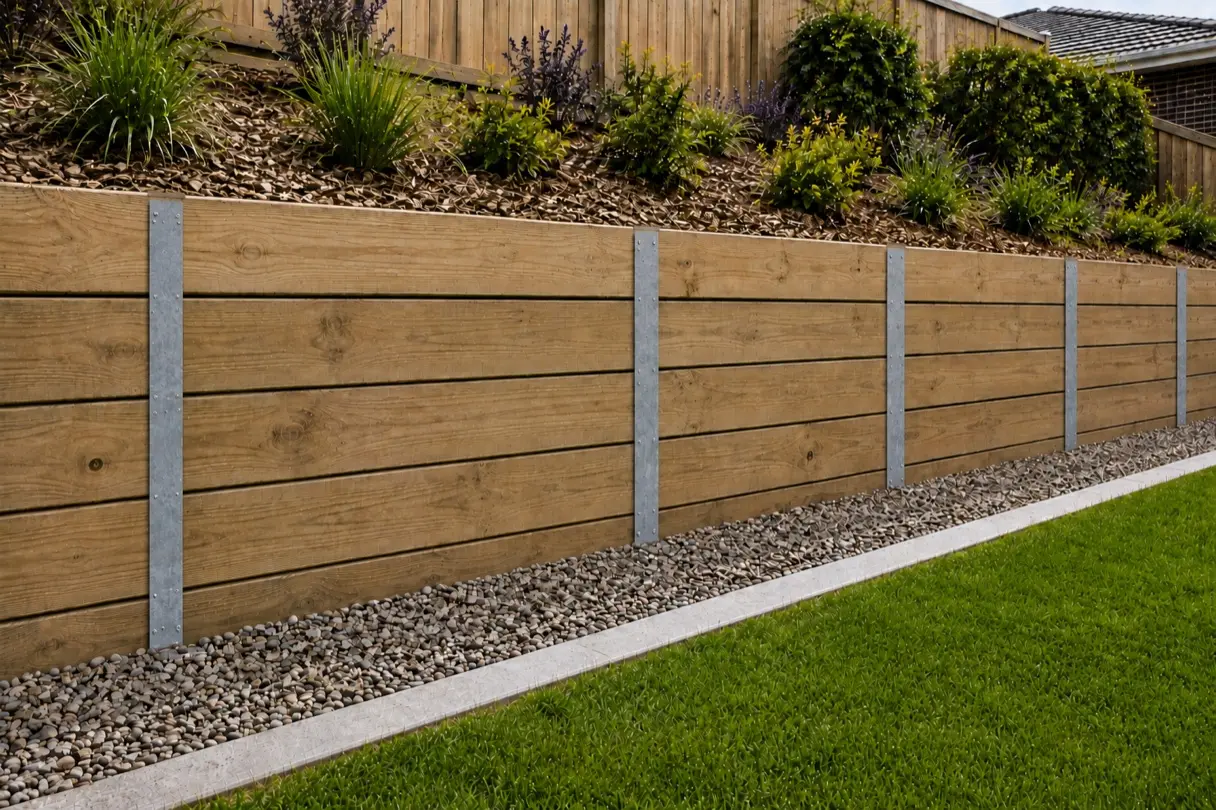 Steel post and timber sleeper retaining wall with drainage aggregate at its base