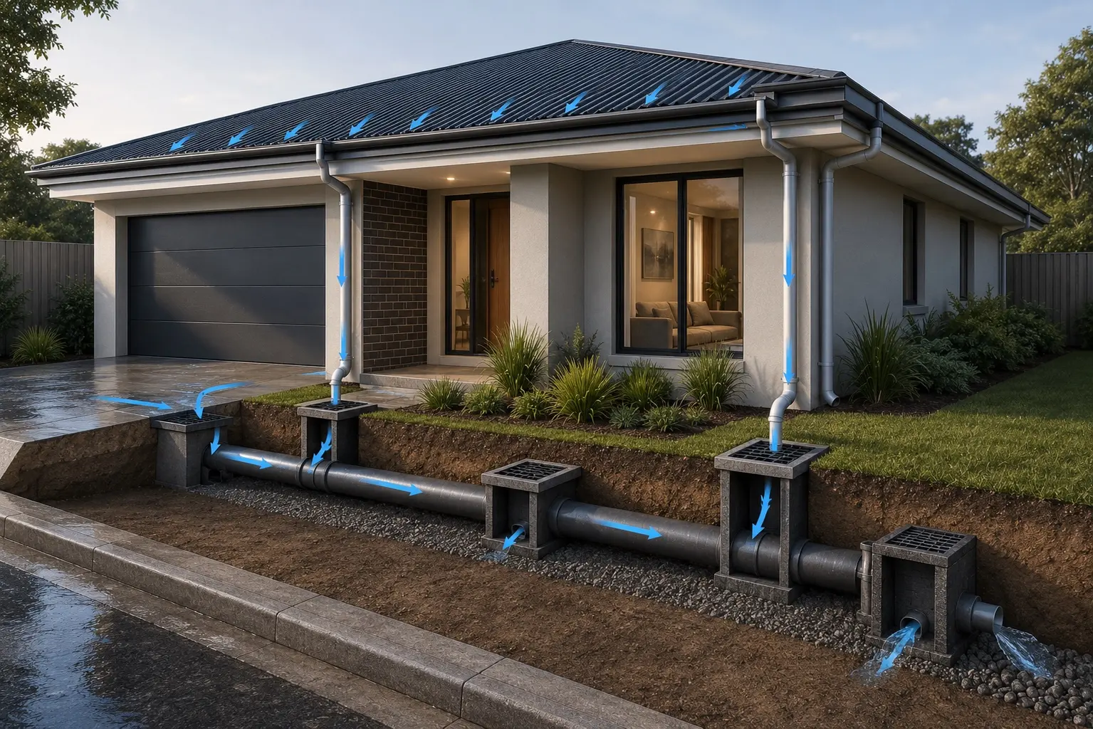 Cutaway of a home's stormwater system tracing roof runoff through downpipes, pits, and the piped drainage line to the street