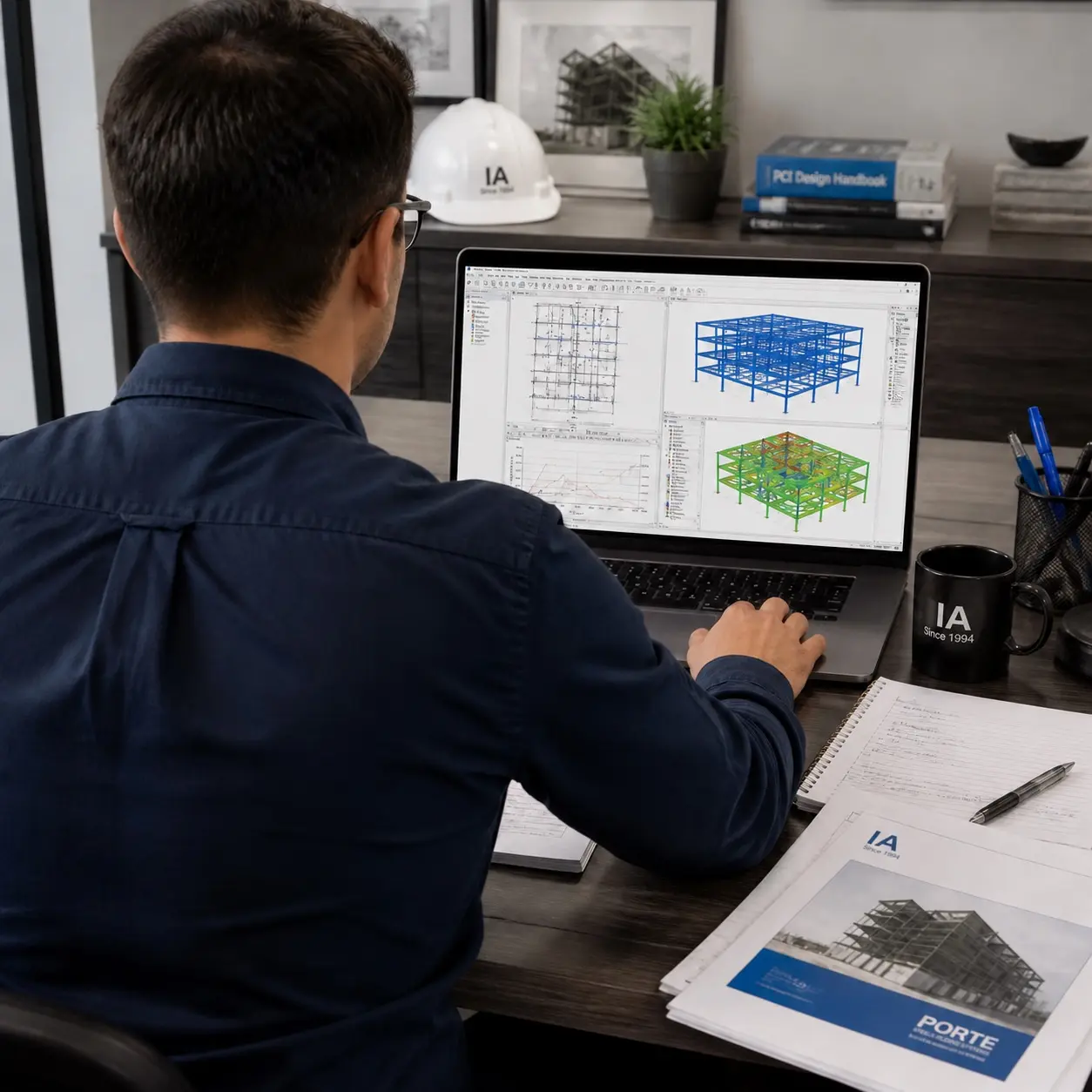 Engineer running a structural analysis model of a multi-storey frame at their desk