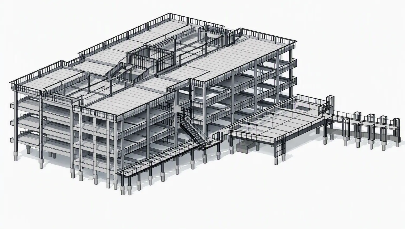 Isometric 3D model of a multi-storey steel frame with concrete floor slabs and access stairs