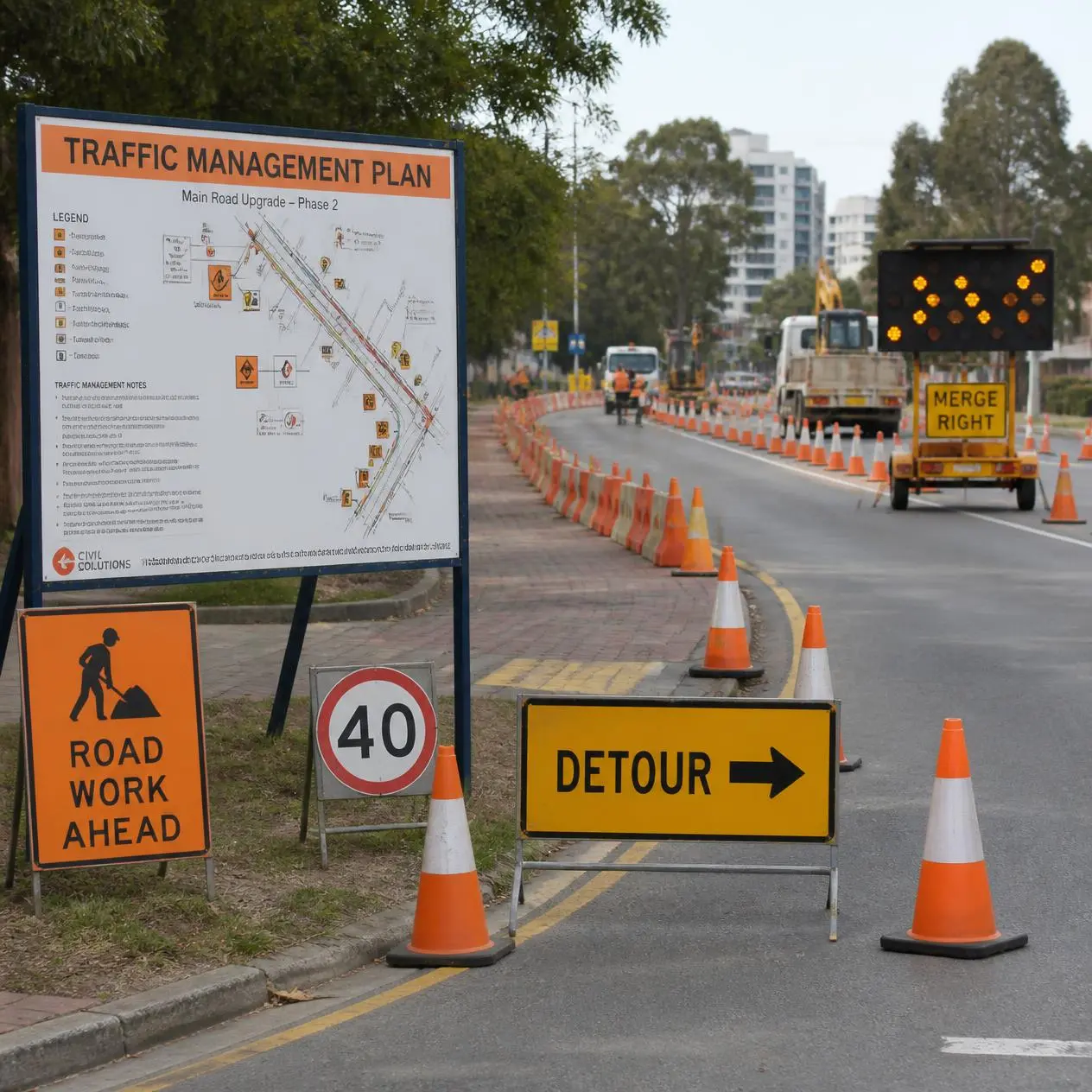 Traffic management plan in effect with roadwork signage, cones, and detour controls on an urban street