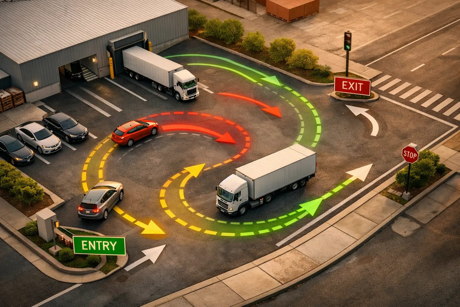Aerial vehicle movement plan showing entry, exit, and truck turning paths through a commercial site
