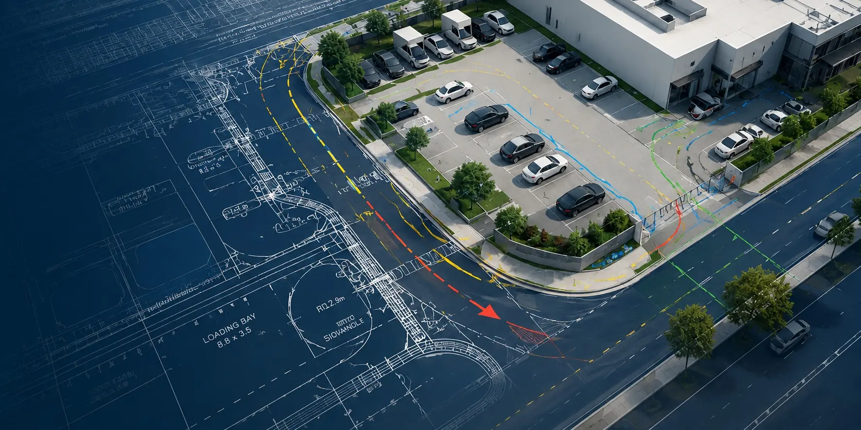 Aerial view of a commercial car park dissolving into the vehicle movement plan drawn over it, with swept turning paths marked