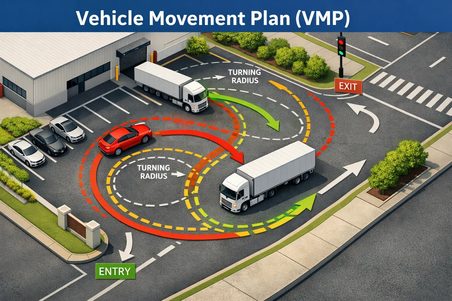 Vehicle movement plan diagram showing truck turning radii on site